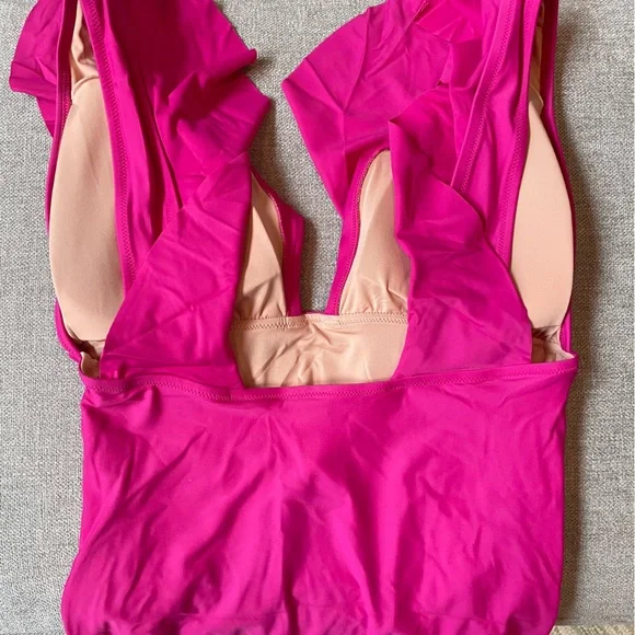 NWT J. Crew Flamingo Pink Ruffle Plunge Lined Ruched Side Padded Cup Swimsuit - Picture 5 of 15